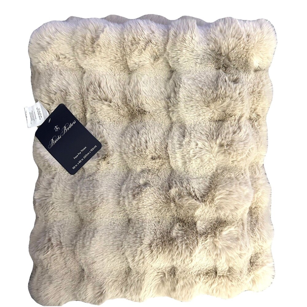 Brooks Brothers Faux Fur Throw Blanket 50 in X 60 in Beige Luxury NEW with TAG